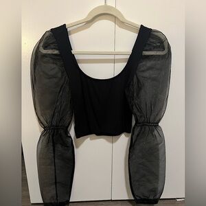 Black Going Out Blouse with Puffed Sheer Sleeves (H&M Divided, XS)